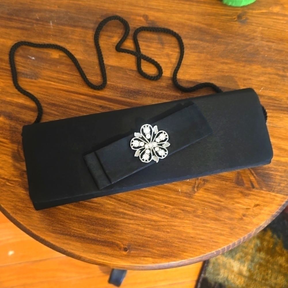 Vintage Black Satin Clutch W/ Cord Strap Stunning Crystal Brooch Evening Bag